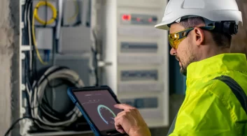 A imagem mostra um trabalhador usando um capacete e óculos de proteção, operando um tablet em frente a um painel elétrico. Ele está concentrado em monitorar dados para implementar manutenção preditiva, garantindo a eficiência e a segurança dos sistemas elétricos.