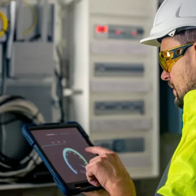 A imagem mostra um trabalhador usando um capacete e óculos de proteção, operando um tablet em frente a um painel elétrico. Ele está concentrado em monitorar dados para implementar manutenção preditiva, garantindo a eficiência e a segurança dos sistemas elétricos.