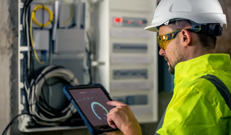 A imagem mostra um trabalhador usando um capacete e óculos de proteção, operando um tablet em frente a um painel elétrico. Ele está concentrado em monitorar dados para implementar manutenção preditiva, garantindo a eficiência e a segurança dos sistemas elétricos.