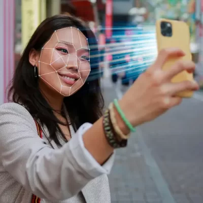 Uma mulher sorrindo enquanto tira uma selfie em uma rua movimentada, com linhas representando o reconhecimento facial sobre seu rosto.