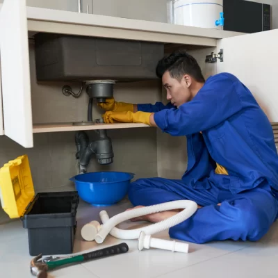 Um homem vestindo um macacão azul e luvas amarelas, trabalhando para limpar e desentupir caixa de gordura em uma pia na cozinha. Ele está sentado no chão, com suas ferramentas ao seu lado.