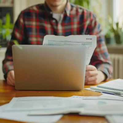 Pessoa em uma mesa de trabalho, usando um laptop e segurando documentos relacionados à nota fiscal eletrônica.